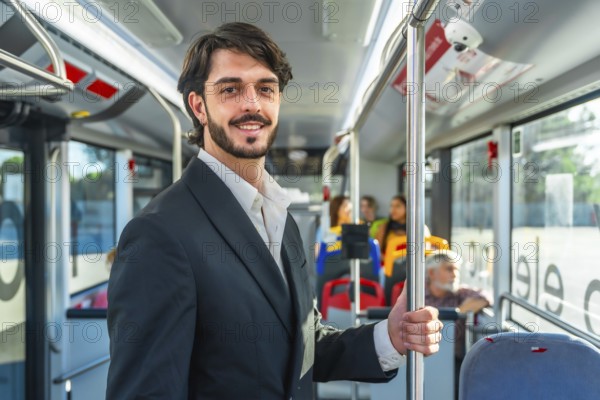 Young businessman smiles confidently while standing and holding a pole on a crowded city bus, illustrating eco friendly commuting, modern urban life, and daily professional routine