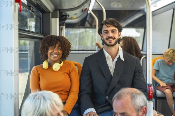 Diverse young couple smiling at camera while seated on a city bus, enjoying their commute and eco friendly urban travel, conveying connection and everyday positivity