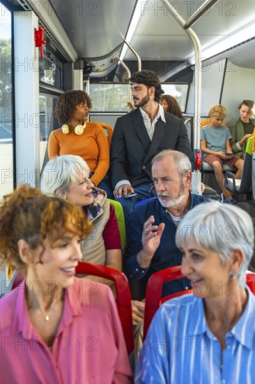 Multiethnic, multi generational passengers seated inside a city bus, chatting and commuting together everyday urban life, sustainable transport, community connections