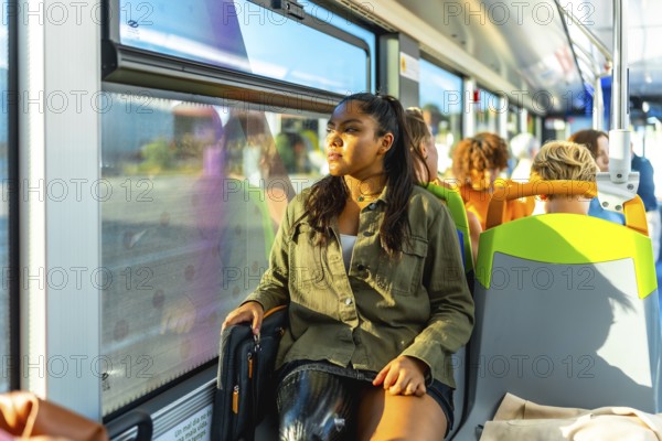 Young woman sitting by the window on a public transport bus, thoughtfully looking outside while commuting and riding through the city during daytime, reflecting on her journey