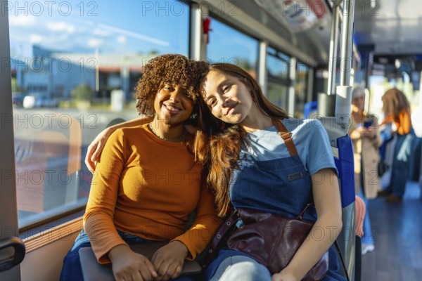 Young women friends sharing a cheerful moment on a city bus, sitting close with arms around each other, smiling and enjoying commuter life and urban togetherness