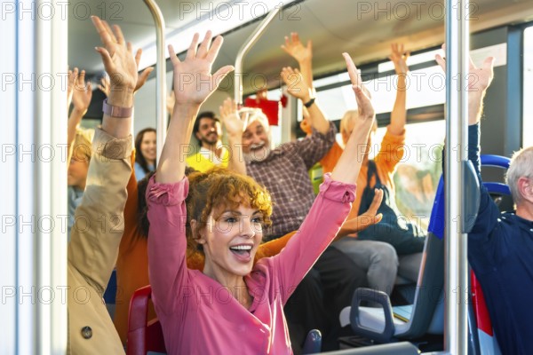 Diverse group of smiling passengers celebrating and cheering with arms raised inside a public transport bus, sharing a moment of joy and excitement during their commute