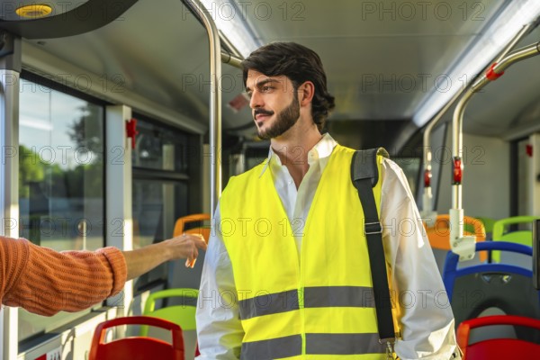 Young man standing inside a public bus. Wearing a yellow high visibility safety vest and carrying a shoulder bag. Preparing for his daily commute or work. Providing a sense of safety and urban travel