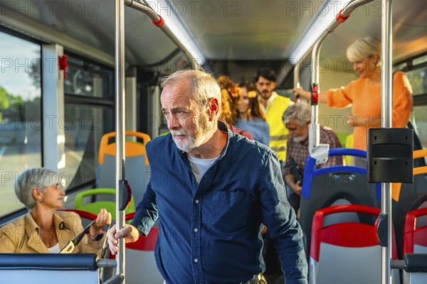 Senior man standing inside a public transport bus, holding a pole and looking contemplative while other diverse passengers are riding in the background