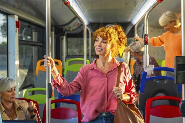 Woman standing on crowded city bus, holding a pole and smiling as she travels through the urban commute with fellow passengers during her daily journey