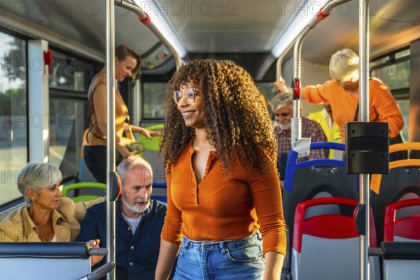 Diverse group of passengers on a clean modern city bus, smiling and commuting together seated and standing, multigenerational and multiracial, enjoying sustainable urban travel