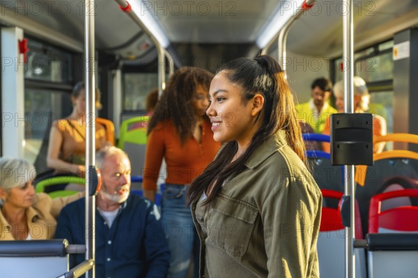 Young woman standing and smiling, riding public transport bus with diverse passengers in background, representing urban commuting and modern city life