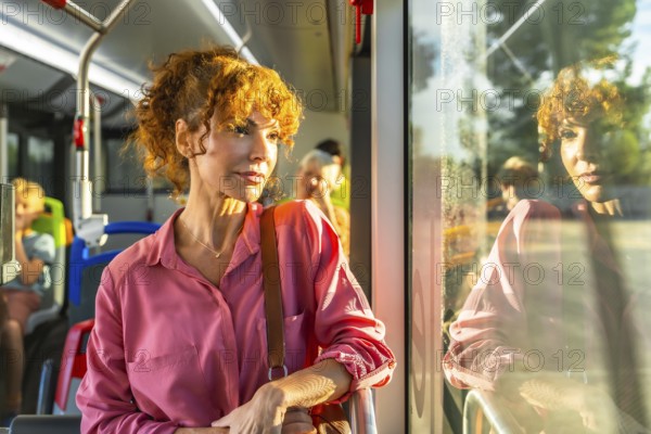Curly red haired woman standing on a busy city bus during her commute, gazing thoughtfully out the window at passing streets and warm daylight reflections