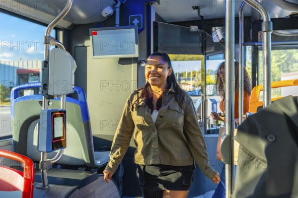 Woman smiling and walking inside a modern city bus, preparing for her daily commute, representing urban lifestyle, public transport convenience, and happy travel experience