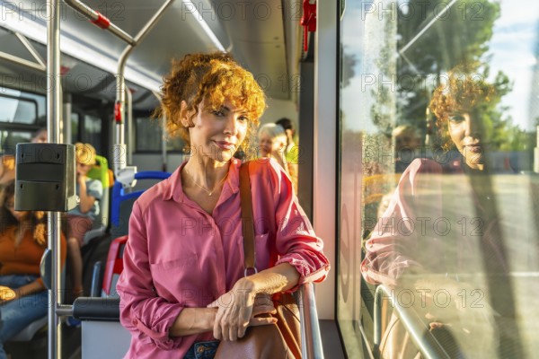 Young redheaded woman smiling and looking at camera while standing on a city bus, holding a bag amid other passengers during a sunny urban commute, casual and confident