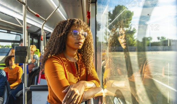 Young adult woman with curly hair and glasses looking out a public transport bus window, reflecting on her journey and commuting experience, with a thoughtful expression