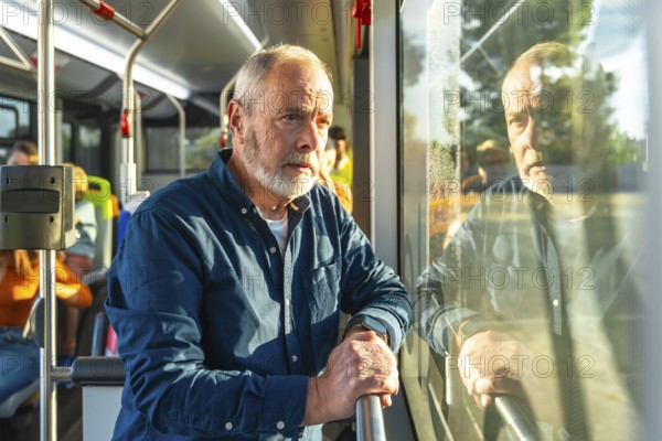 Senior bearded man standing on a city bus, holding a handrail and gazing out the window, bathed in sunlight, thoughtful and reflective during his urban commute