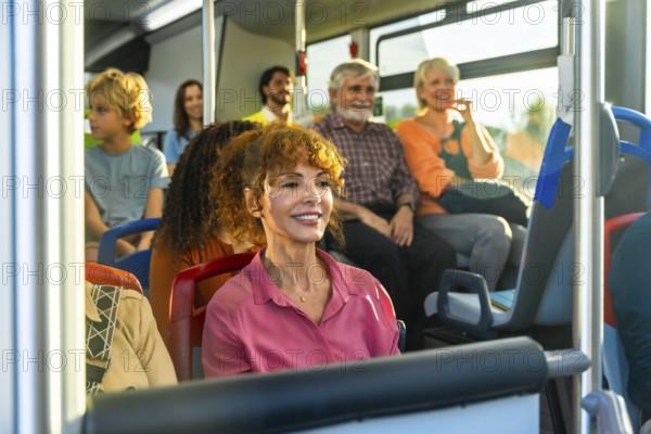 Diverse group of smiling passengers men, women, children and seniors relaxed and chatting on a modern city bus during a bright, everyday urban commute toward work or school