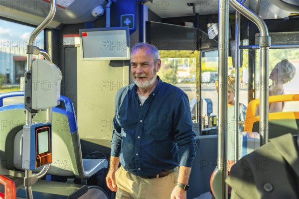 Senior man smiling while riding a public transport bus, representing urban commuting, sustainable travel, city life, and accessible transportation for an aging population