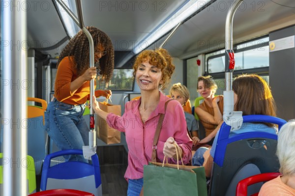 Diverse group of women and other people traveling on a public transport bus, some carrying shopping bags, representing daily commute, shopping errands, and urban lifestyle