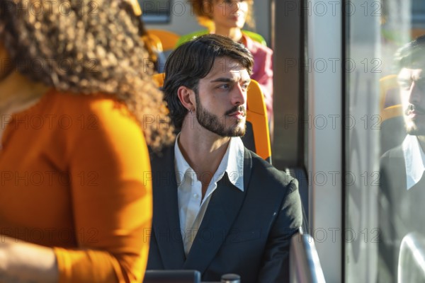 Man with beard and dark hair traveling by bus, looking thoughtfully out the window with his reflection visible, experiencing urban public transportation
