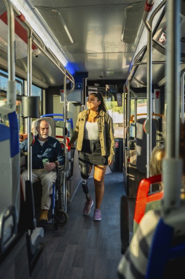 Young woman with a prosthetic leg confidently walking down the aisle of a public bus, representing concepts of inclusion, diversity, and accessible urban transport for people with disabilities