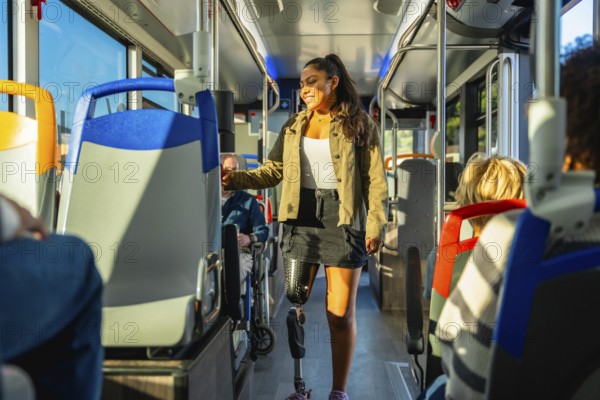 Young amputee woman riding public transport, confidently moving through the bus aisle with her prosthetic leg, embodying themes of inclusion, diversity, and travel