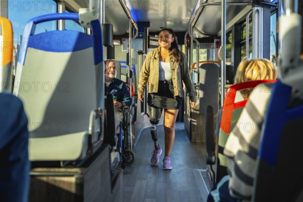 Young woman with a prosthetic leg confidently walking down a bright city bus aisle among seated passengers, embodying accessibility, independence and urban inclusion