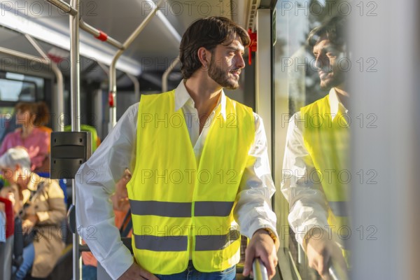 Young man in reflective safety vest standing on a city bus, looking out the window at sunlight and street reflections while commuting through an urban daytime scene