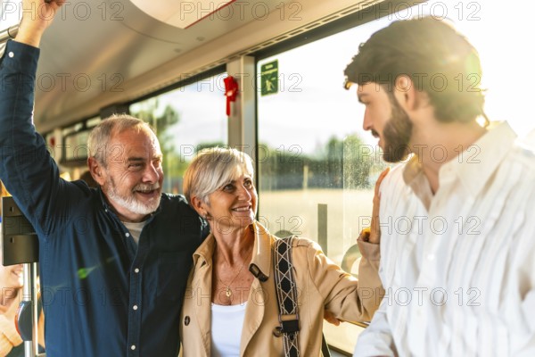 Family generations chatting and smiling while standing on a bright city bus, sunlight streaming through the window as they commute together, sharing warmth and connection