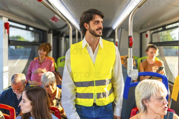 Man wearing a high visibility vest standing on a public transport bus, looking out the window while other diverse passengers are sitting and traveling