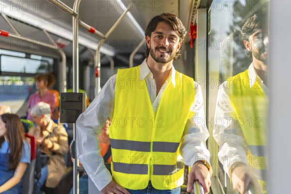 Young man wearing a bright yellow safety vest and white shirt, smiling at the viewer while traveling on a public transport bus with other passengers in the background