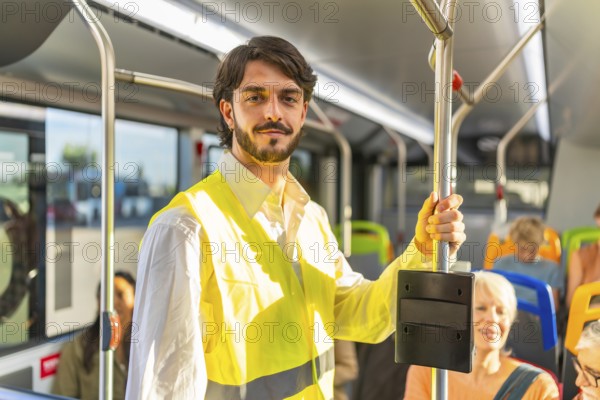 Young man in a high visibility safety vest stands on a modern city bus, holding a pole while commuting, smiling confidently among fellow passengers on board