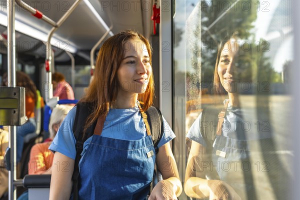 Young woman with a backpack traveling on a public bus, looking out the window with a smiling expression, enjoying the journey and experiencing daily urban life with a positive attitude