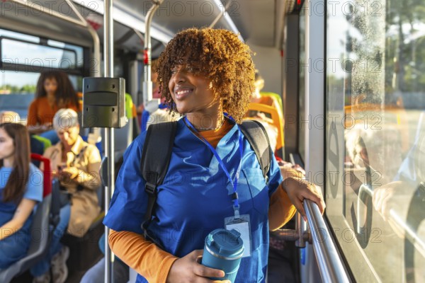 Smiling young black nursing student in blue scrubs with backpack and reusable cup, standing on a city bus and looking out the window during her commute to clinicals