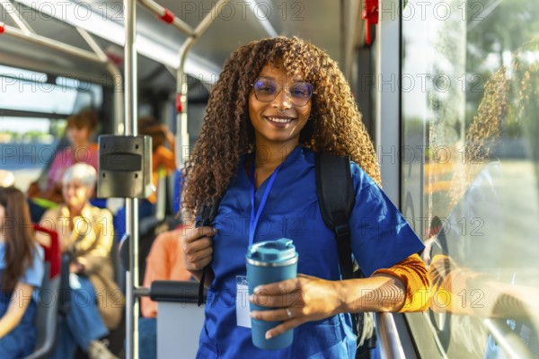 Smiling female nurse or doctor in scrubs and a backpack holding a travel mug, riding public transportation on the way to provide patient care and fulfill her professional duties