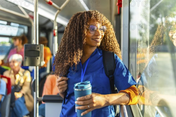 Young black woman nurse wearing blue scrubs and carrying a backpack, happily commuting to work on a public bus, holding a reusable mug and looking out the window
