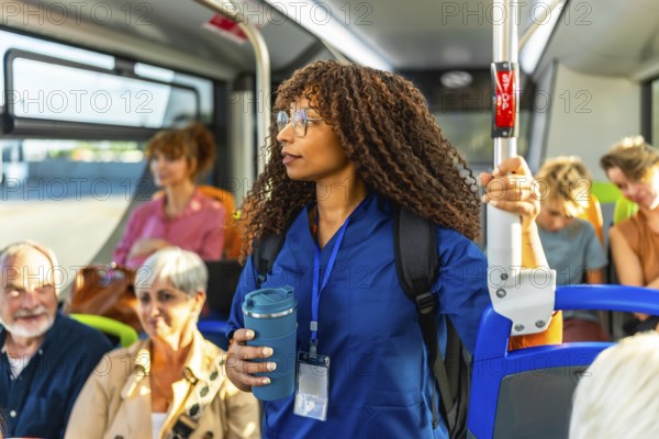 Young woman nurse in medical scrubs carrying a backpack and holding a reusable coffee cup, traveling on a crowded public transport bus filled with diverse passengers