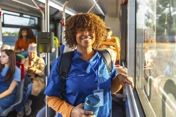 Young black woman doctor or student nurse standing on a public transport bus, wearing blue scrubs, a backpack, and carrying a travel mug, smiling at the camera