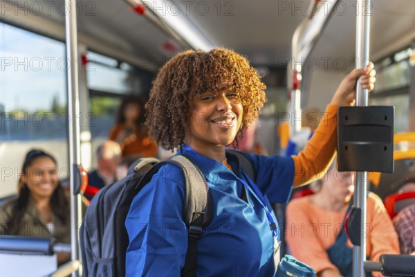 African american woman healthcare worker in blue scrubs carrying a backpack and smiling while riding public transportation, commuting to or from work by bus