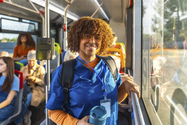 Young nurse in blue scrubs and backpack smiles at camera while standing on a city bus, holding a reusable cup during her commute as an essential healthcare worker