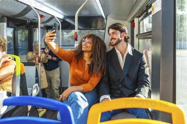 Diverse couple smiling and taking a selfie on a modern city bus during their commute, enjoying urban travel and capturing a candid moment with a smartphone