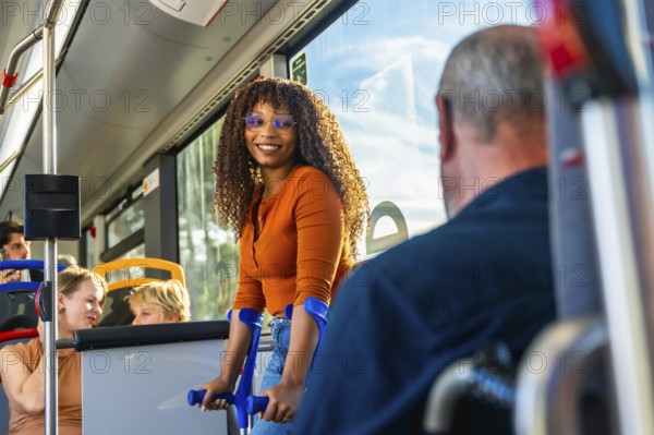 Young black woman on crutches smiling aboard a city bus, embodying accessibility, inclusion and independent urban mobility during daily commute, cheerful and optimistic