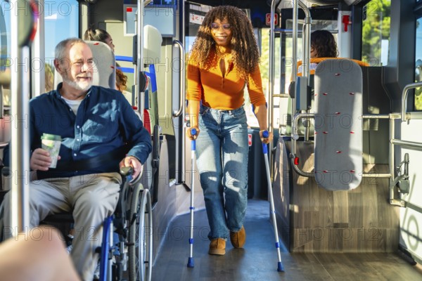 Commuters with disabilities, including a man in a wheelchair and a woman walking with crutches, navigating inside a modern public bus, highlighting accessibility and inclusive urban transportation