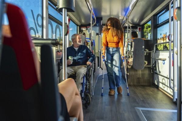 Senior man in a wheelchair and a woman using crutches traveling together on a modern, accessible public bus, symbolizing independent mobility and urban inclusion