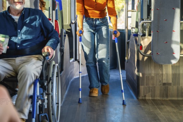 People with disabilities navigating public transportation, with one passenger using a wheelchair and another person walking with crutches inside a moving bus, emphasizing accessibility and inclusion