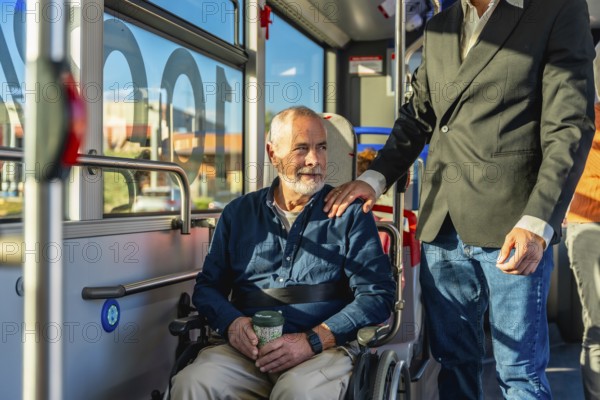 Senior man with a disability using public transportation, sitting in his wheelchair on a bus while receiving a helping hand and emotional support from a caring assistant