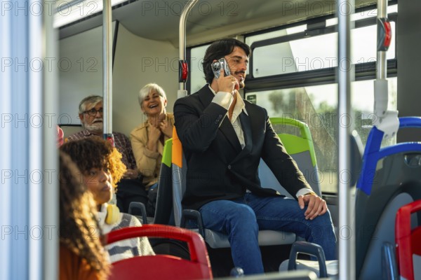 Man holding a vintage camcorder to his ear, pretending it is a cell phone, engaging in a playful conversation while other commuters are present on public urban transportation