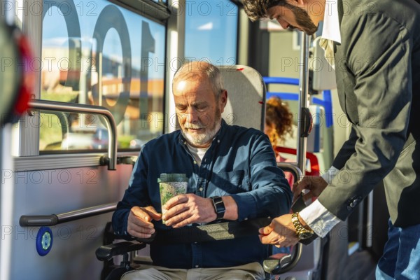 Young man assisting a senior passenger, ensuring safety and comfort while securing his wheelchair in a dedicated section of the accessible public transport bus, highlighting kindness and support