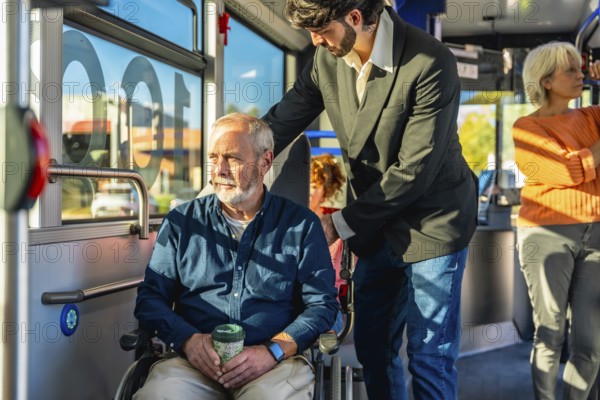 Young person assisting a senior man in a wheelchair on public transportation, ensuring accessibility and independent living while traveling through the city