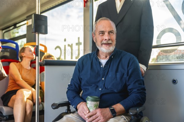 Senior man with a disability using his wheelchair for accessible urban mobility, commuting comfortably on public transportation, holding a reusable coffee cup