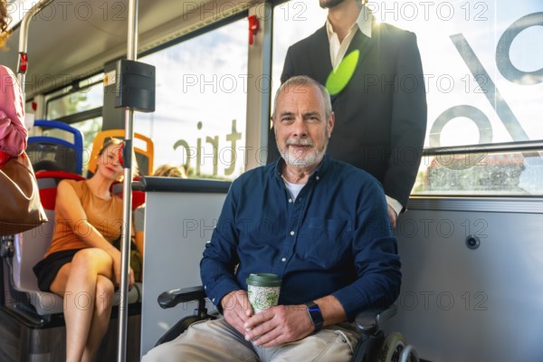 Happy senior man smiling at camera while traveling on a public bus, holding a reusable cup, promoting accessibility and inclusion for people with disabilities using urban transport
