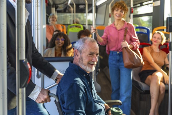 Man in a wheelchair being assisted on a public transit bus, representing accessibility and independent living while traveling safely with fellow passengers