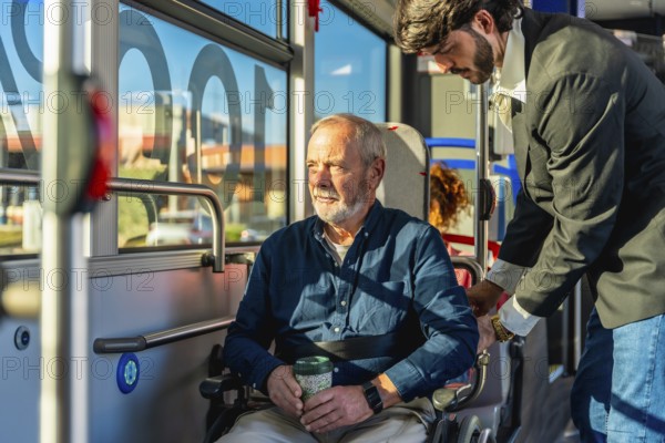 Employee assisting a senior man in a wheelchair on public transport, securing his position for a safe and accessible journey, highlighting care and mobility concepts