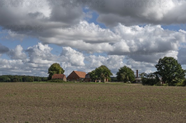 Lonely homestead, cloudy sky, Mecklenburg-Western Pomerania, Germany